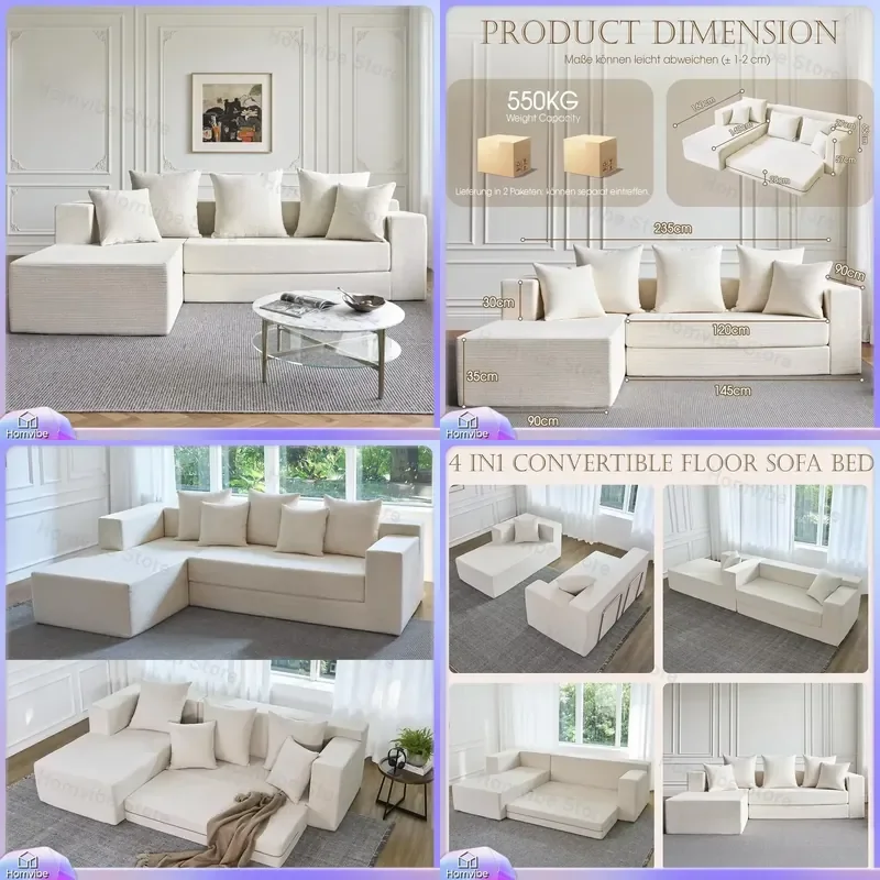 L Shape Foldable Sofa Bed Modular Cloud Corner Couch Corduroy Deep Seat 235 cm for Small Apartments Living Room Convertible