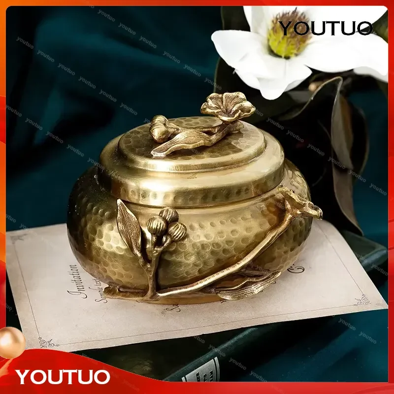 Retro Vintage Brass Tea Canister Light Luxury Carved Hammered Pattern Candy Jar Home Decor Storage Box Jewelry Organizer
