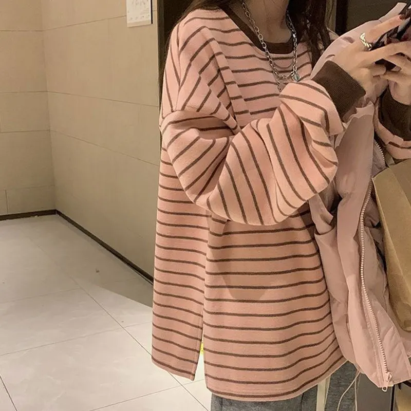 

Korean Striped Loose Sweatshirts 2024 Spring Autumn Fashion Split Female Clothing Contrasting Colors Casual Round Neck Pullovers