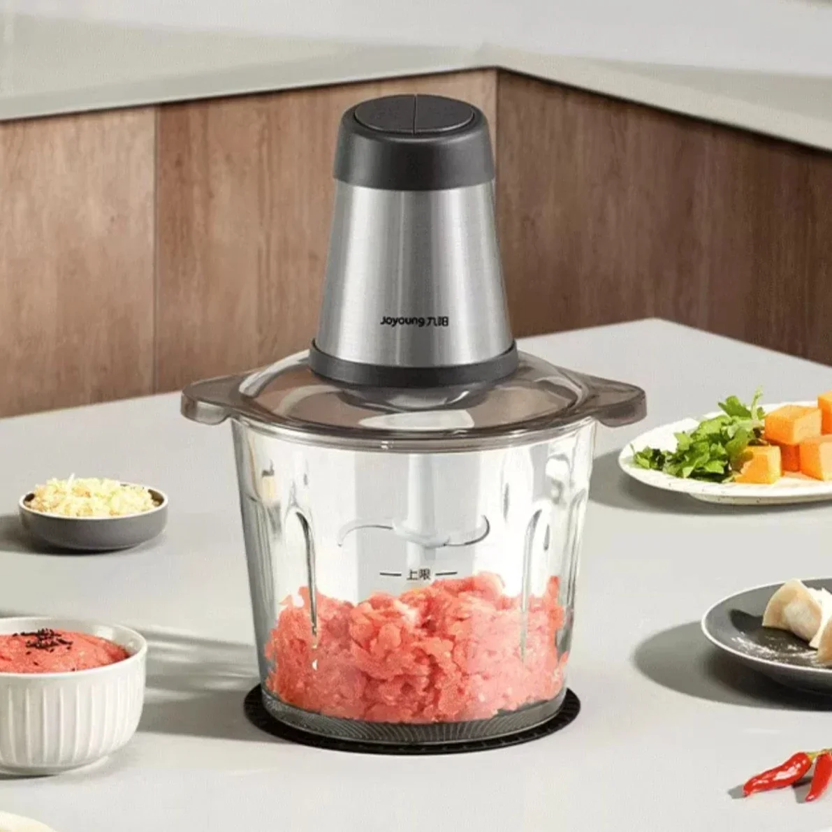 Household electric meat grinder. Small food processor mixer. Multi-function. Fully automatic. For home use