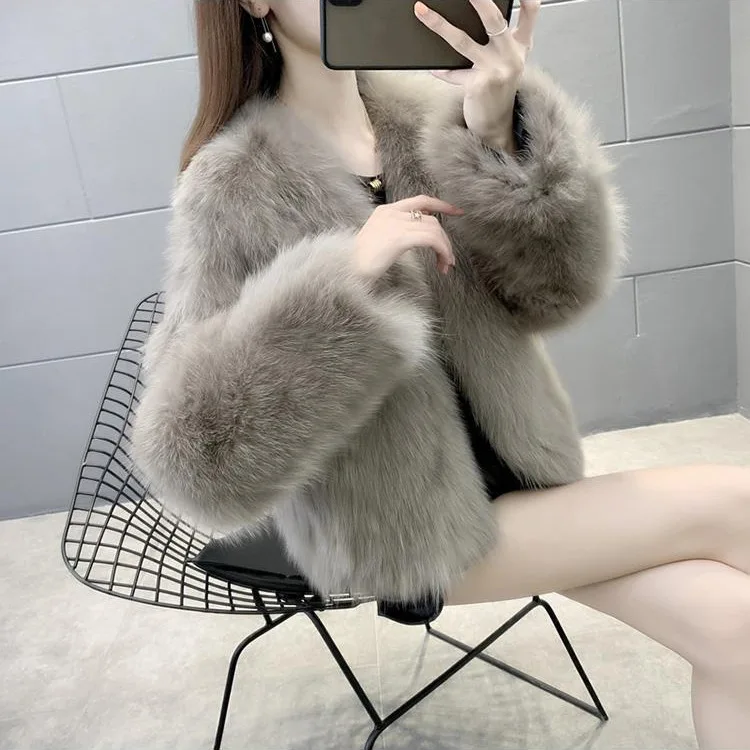 Faux Fur Coats Jackets Women V Neck Short Coat Thick Warm Y2k Streetwear Jacket Work Elegant Outerwear Slim Fit Autumn Winter
