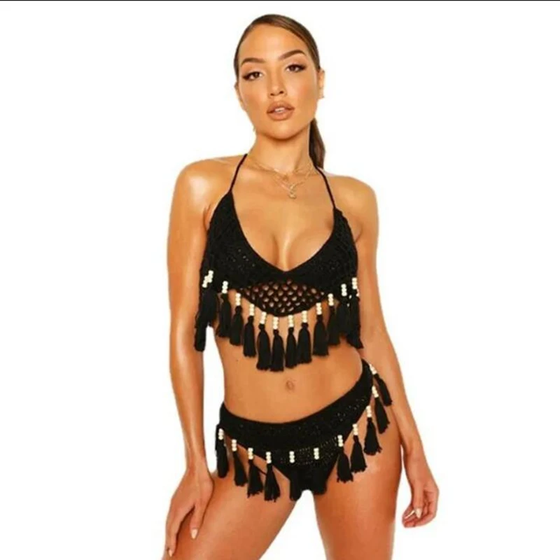 Sexy Micro Knitted Bikinis Set Cotton Crochet Swimsuit Women Handmade Beading Tassel Bathing Suit 2022 Swimwear Summer Beachwear