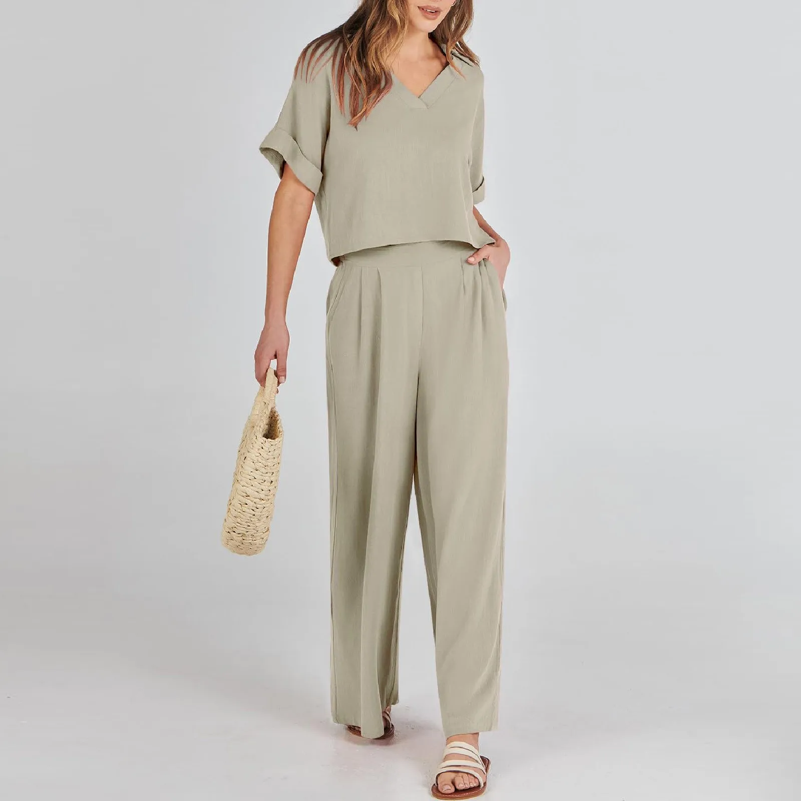 Ladies’ Solid Color Retro Basics Casual Commuting Short Sleeve V-Neck Top And Straight Long Pants Matching Set With Pockets