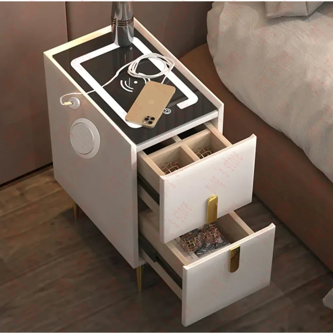 Smart Bedside Table Modern Style Bedroom Mini Nightstands with Wireless Charging Bluetooth Speaker Multi-Function Side Cabinet