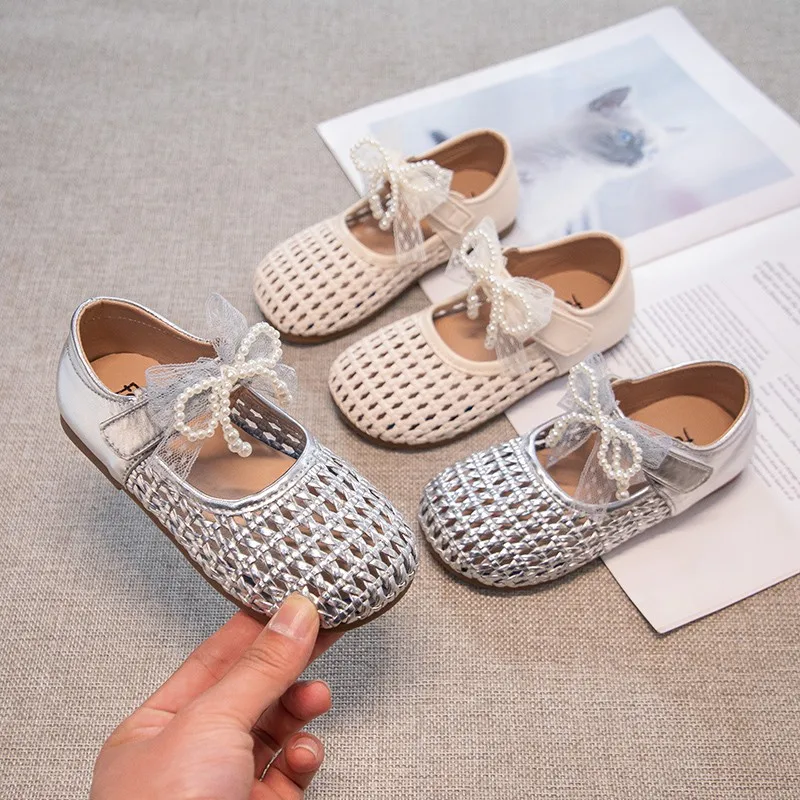 Kids'Casual Shoes PU Leather Cut-out Pearl Low-Cut Spring Shoes For Girls Anti-slip Hook and Loop Beige Silver Shoes Size 25-36
