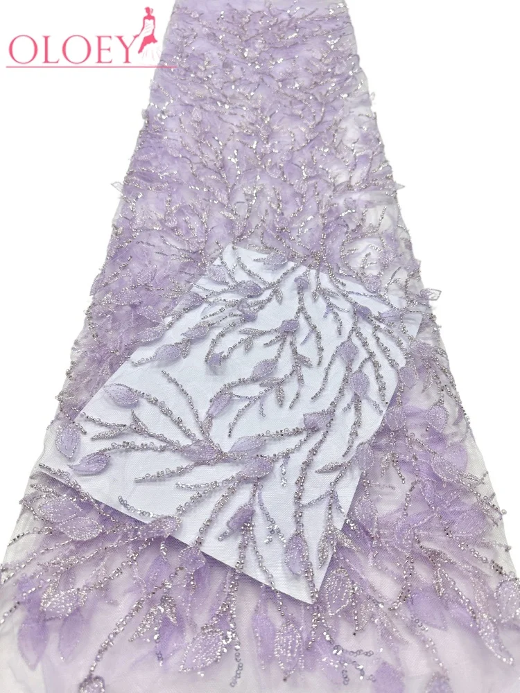OLOEY  Fashion French Mesh Embroidery Sequins African Lace Tulle Fabric with Luxury Nigerian Beads for Wedding Dresses And Parti