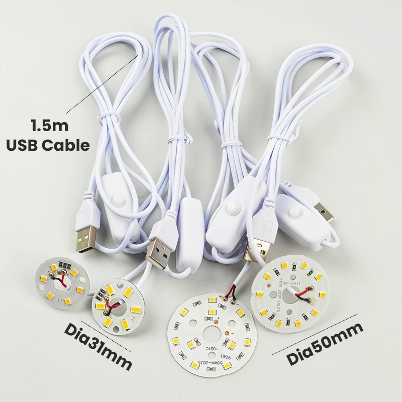 31mm/50mm Round LED Chip With USB Cable DC5V RGB/Warm/Cold White Light Board For Cabinet Table Night Lamps LED Bulb Light Source