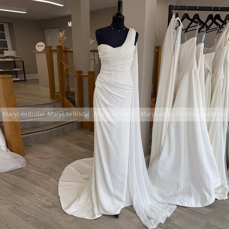 One Shoulder Beach Wedding Dress with Chiffon Cape Summer Long Sheach Formal Bridal Gown Customized vestido de bodas novia