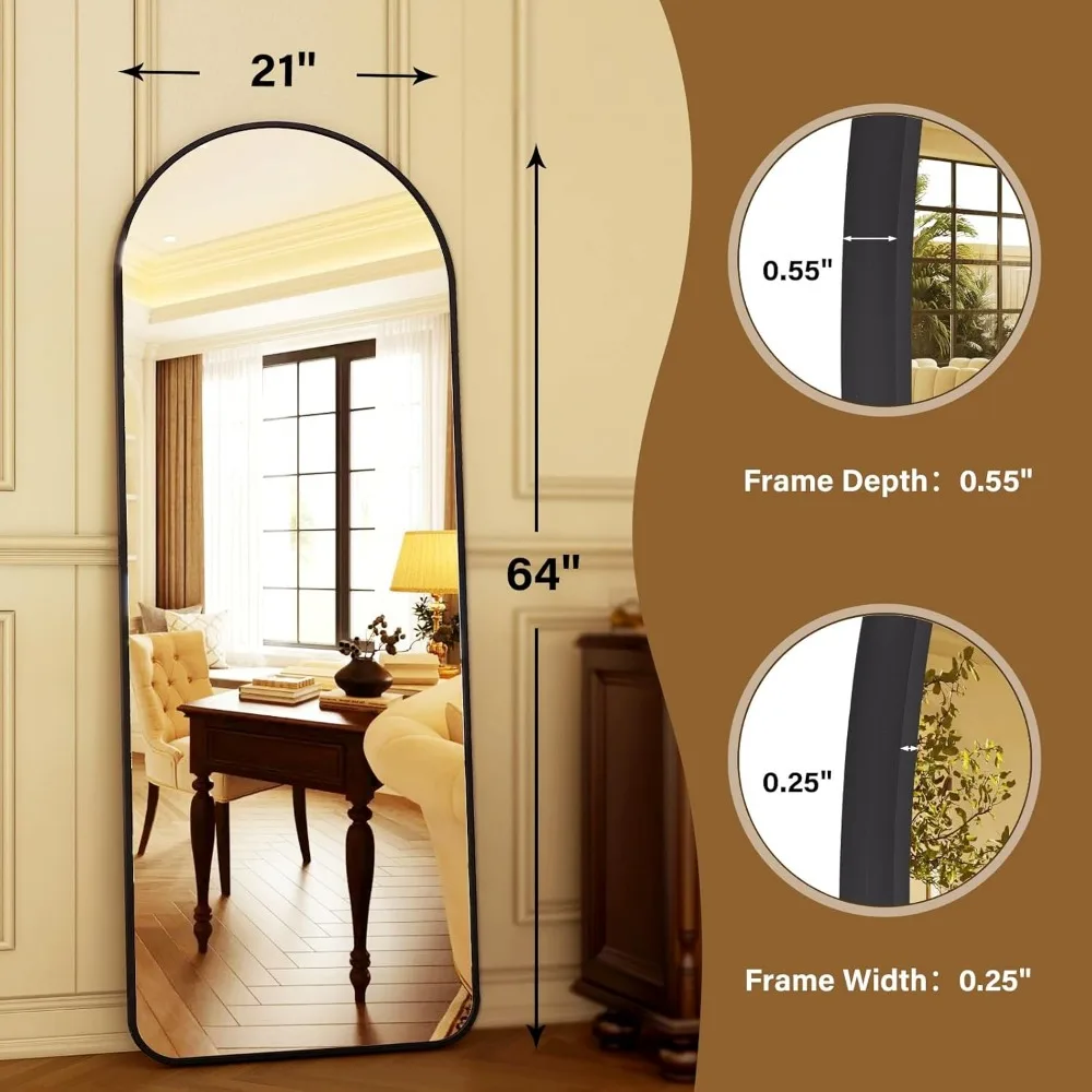 64"x21" Arched Full Length Mirror Floor Mirrors with Aluminum Alloy Frame Free-Standing Wall Mounted or Leaning Large Bedroom