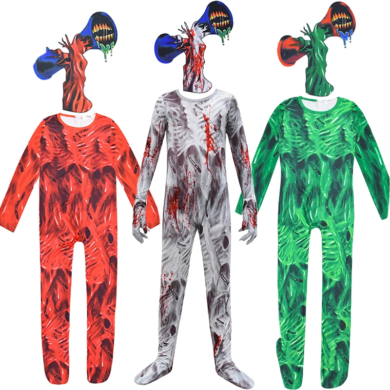 

Kids green Siren Head Cosplay Costumes Scary Boys Girls Jumpsuit with Headgear for Halloween Family Humanoid Monster Dress