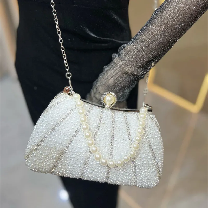 

2025 High-end Design Women Party Wedding Evening Clutch Bag Handmade Full Pearl Diamonds Handbags Travel Shoulder Messenger Bag