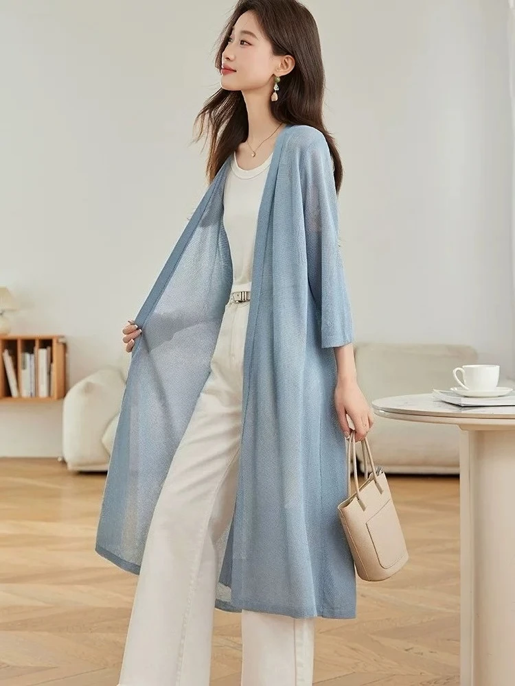 

Summer Women's Sun Protection 3/4 sleeves Linen Cardigan Cover Up - Korean Style Lightweight Long Crochet Lace Beach Top Coat