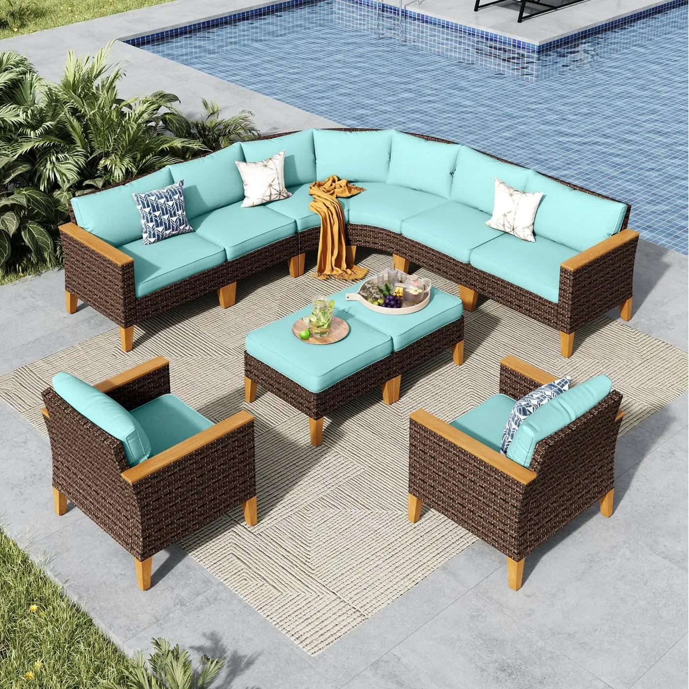 10-Piece Wicker Rattan Patio Sectional Sofa Set, Outdoor Garden Furniture, Aqua Blue, Customized