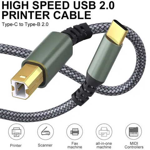 LAIHONEN USB Type C to UsB B Printer Cable Gray Braided Printer Scanner Cord For Canon Epson HP Samsung USB Printer Cable