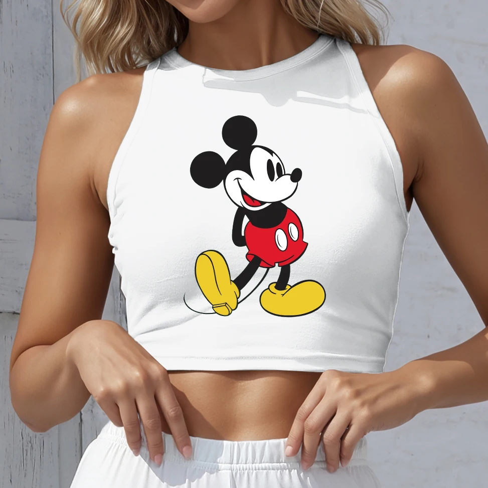 Nouveau débardeur souris sans manches femmes vêtements été décontracté Fitness gilet court couleurs bonbons tricoté haut court Camis Mickey