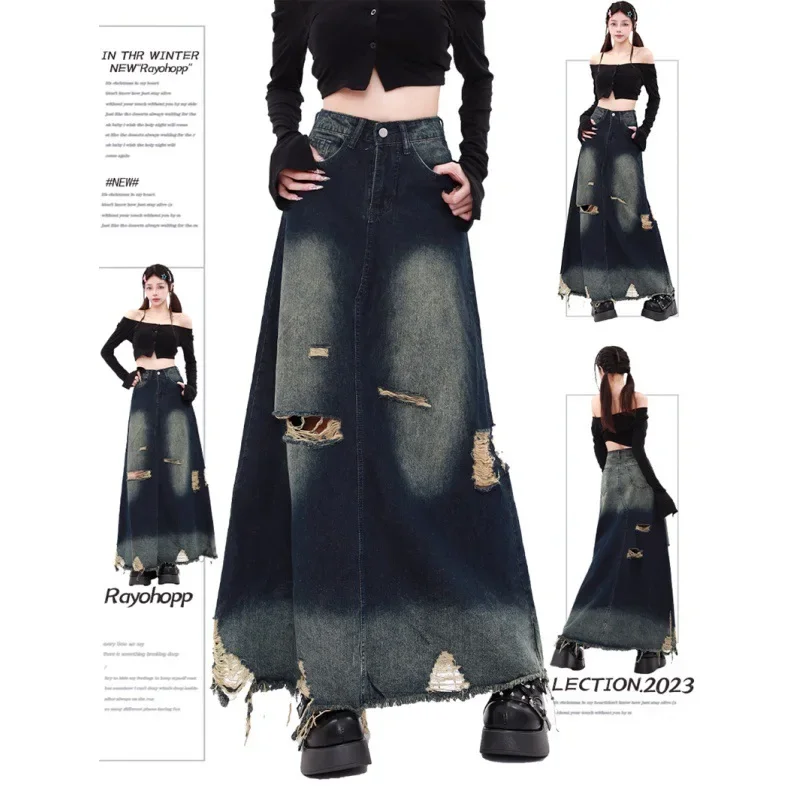 Original Design Heavy Industry Grinding and Washing Wasteland A-type Pendulum Raw Edge Ripped Denim Skirt