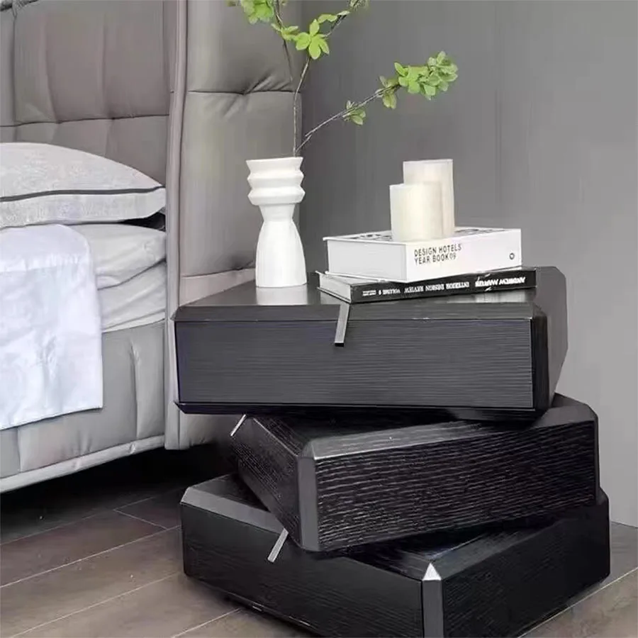 Rotating solid wood modern minimalist three-drawer bedside table, bedroom storage