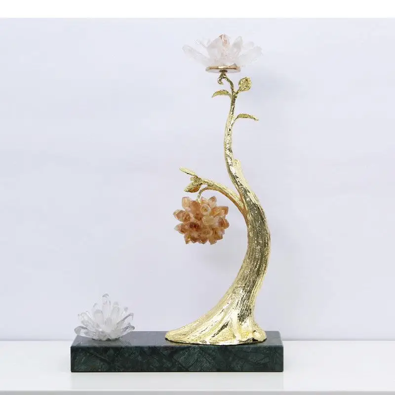 

Crystal Fruit Golden Tree Decorative Ornaments Marble Base Statue Desk Decoration Brass Branch Sculpture Room Aesthetics Decor