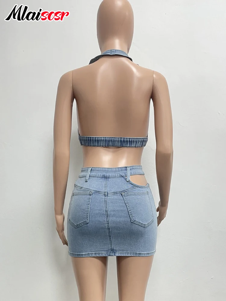 Mlaiscsr Women Sleevless Halter Crop Top and Mini Skirts Denim Outfits Sexy Beach Club Blue Backless Bodycon Jean Two Piece Sets