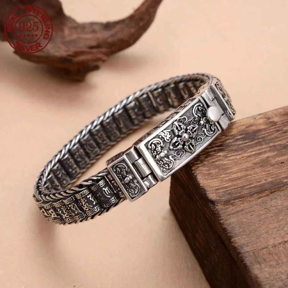 New Retro 925 sterling Silver Men Buddhist Six-character Mantra Revolving Cylinder Cuff Chain Bracelet for Women Fashion Jewelry