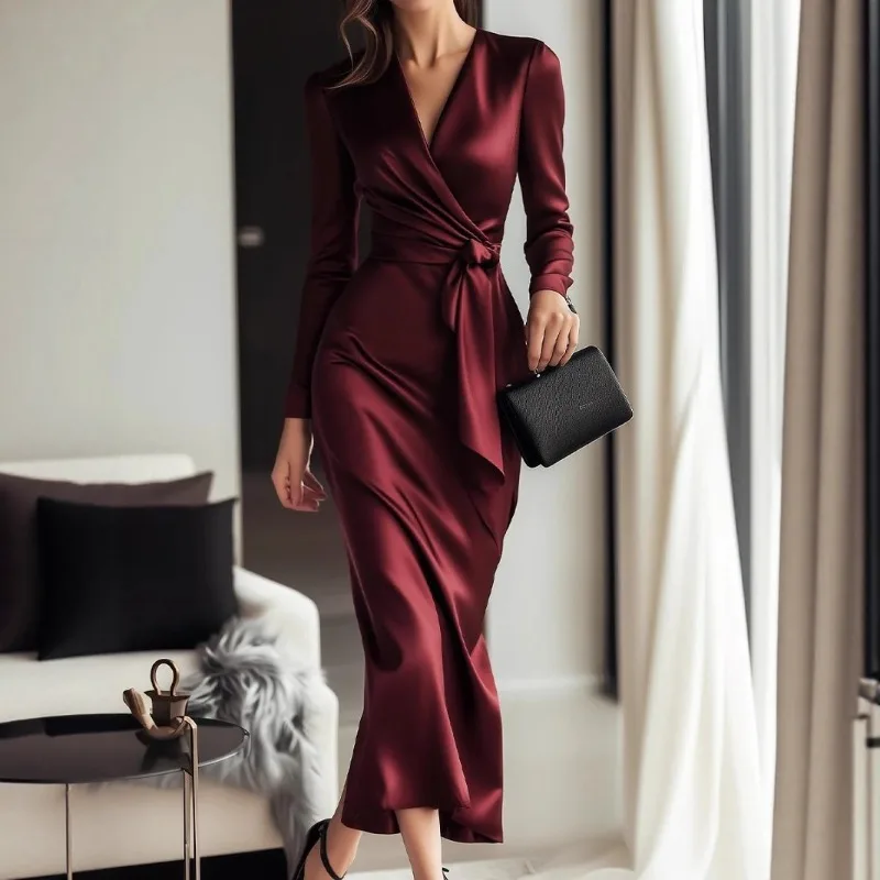 

Women Satin V Neck Long Dress Autumn Elegant Lace Up Slim Maxi Robes Ladies Party Evening Dresses Korean Vestidos Платье Женское