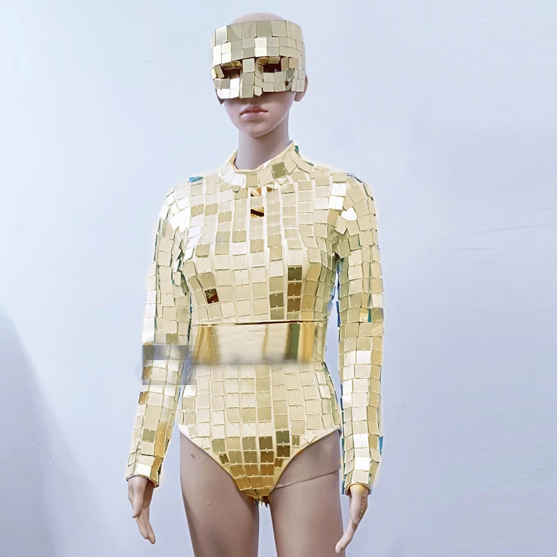 Bar Klub nocny DJ Scena Rave Strój Kostium Tancerki Gogo Kobiety Lustra Pole Dance Body Maska Złote Srebrne Okulary Ubrania XS10427