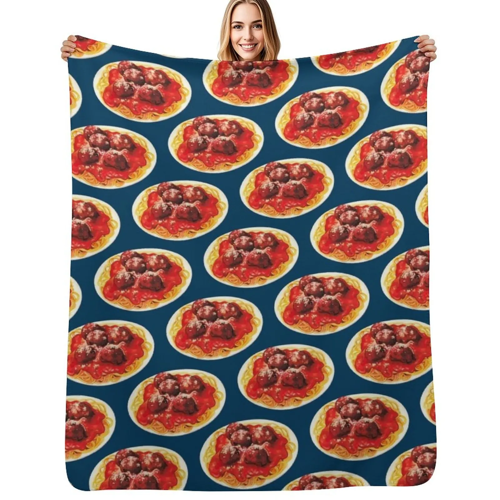 Spaghetti & Meatballs Pattern - Blue Throw Blanket Wrinkle Resistant Lightweight Blanket
