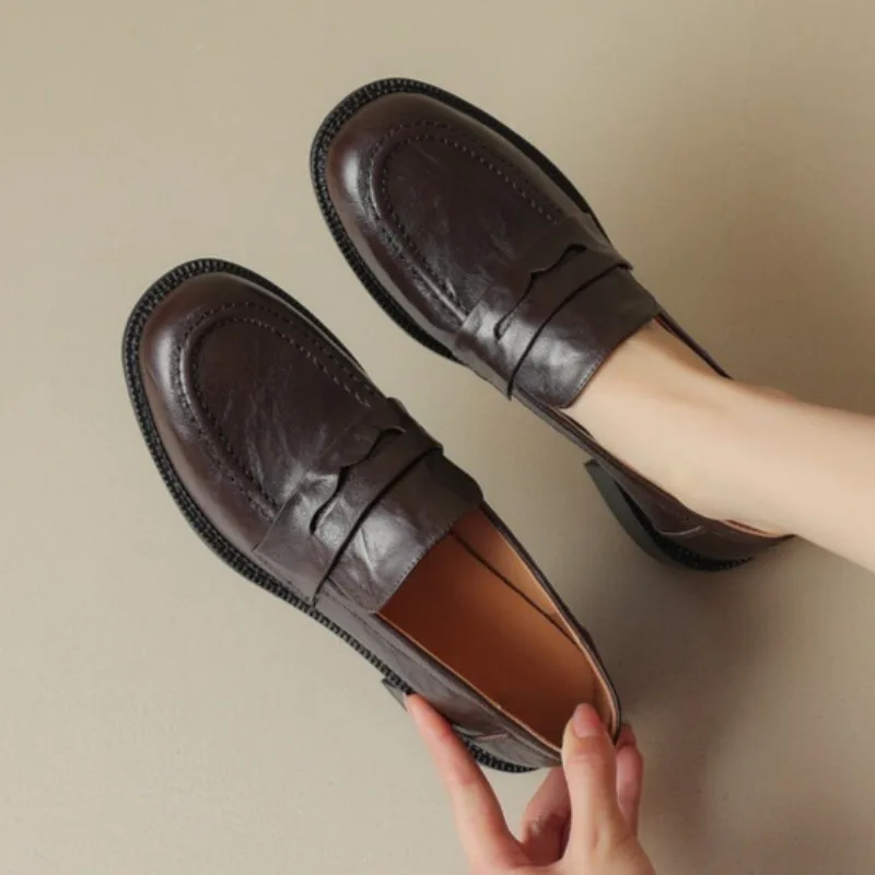 

Retro Round Toe Women Loafers British Style Chunky Heel Comfortable Soft Leather Luxury Design Slip-On Autumn JK Ladies Shoes