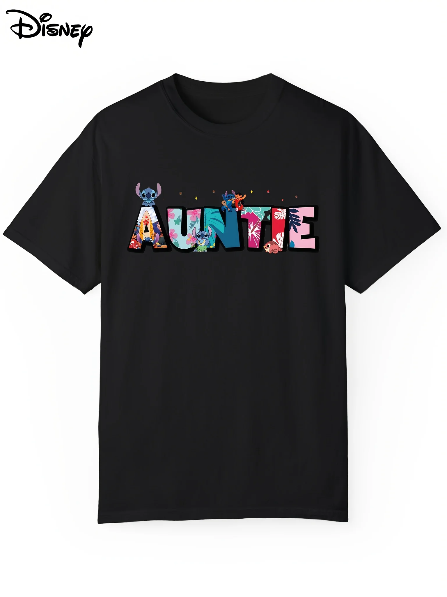 تي شيرت ديزني للرجال والنساء بنمط هاواي تي شيرت Auntie Needle and Lilo مطبوع باللون البيج الفاتح بأكمام قصيرة، صيفي #2