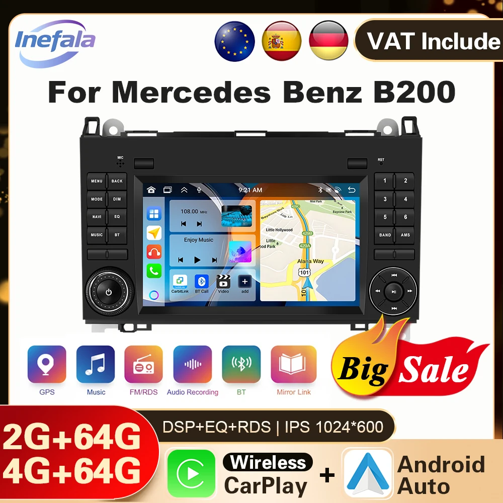 Autoradio Inefala 7 pouces 4+64G pour Mercedes Benz W169 W245 B200 W906 W639 avec CarPlay sans fil, WIFI, GPS, FM