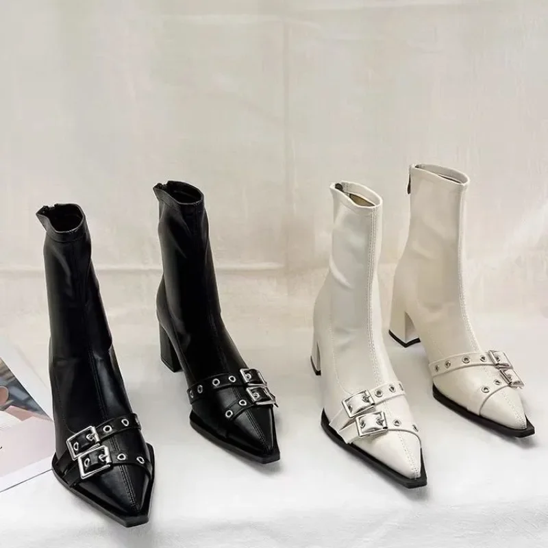 2024 Female Designer Buckle Footwear Women Ankle Stretch Boots Fashion Pointed Toe Ladies Short Booties With image 2
