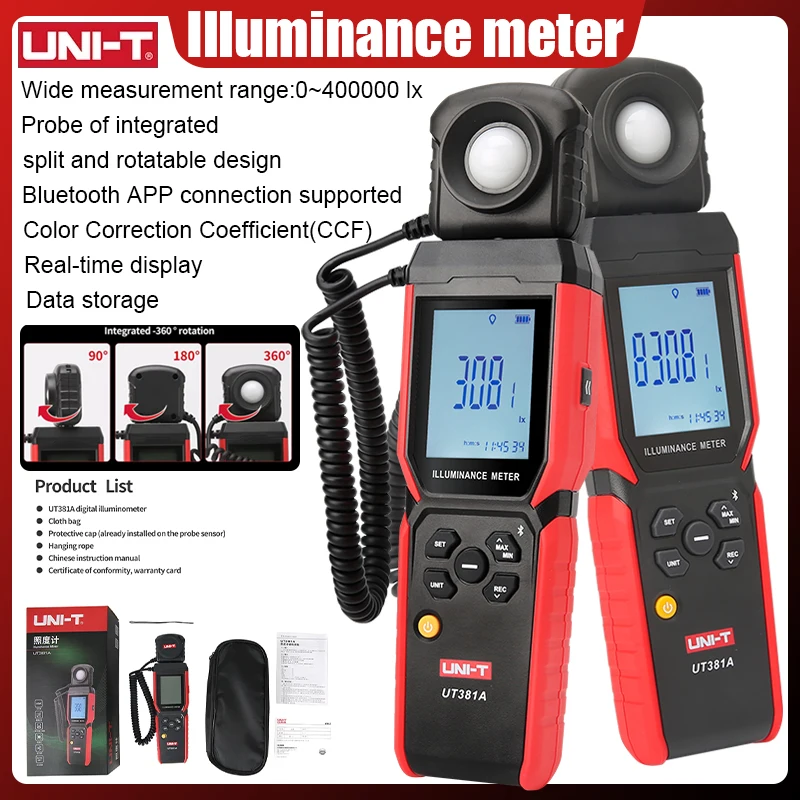 UNI-T UT381A Illuminometer Geïntegreerde en gesplitste digitale lichtverlichtingssterktemeter 400.000 Lx 37160 Fc Luxometer met Bluetooth APP