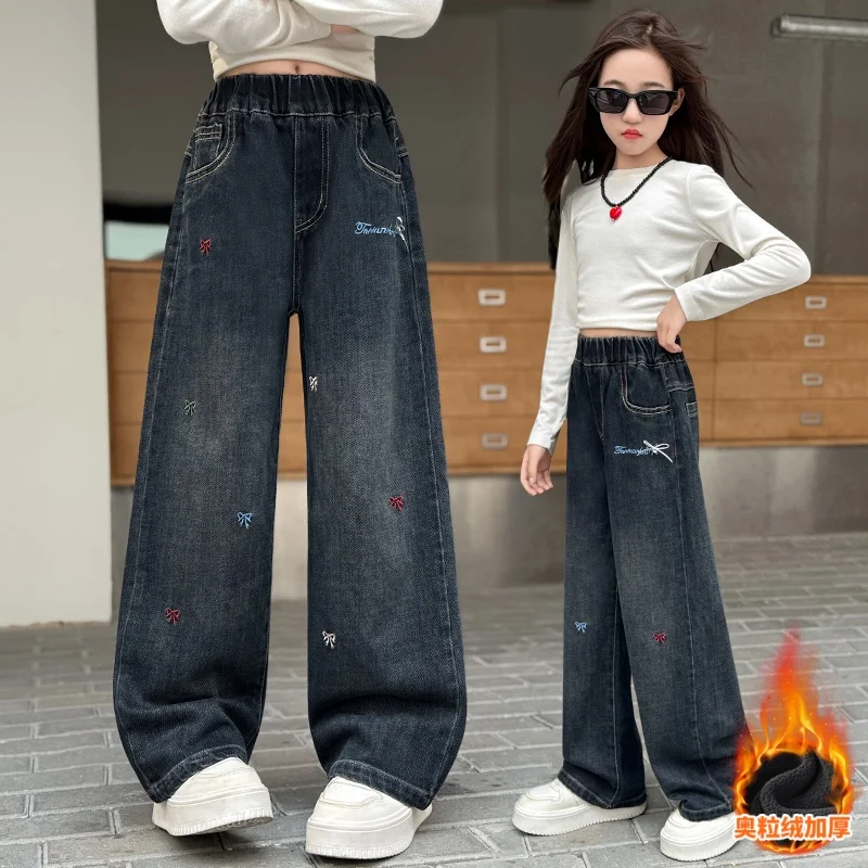 

Autumn Winter New Arrivals Fleece Straight Leg Jeans Tween Girls Fleece-lined Jeans Bow Embroidery Warm Trousers Ages 4 to 14Y