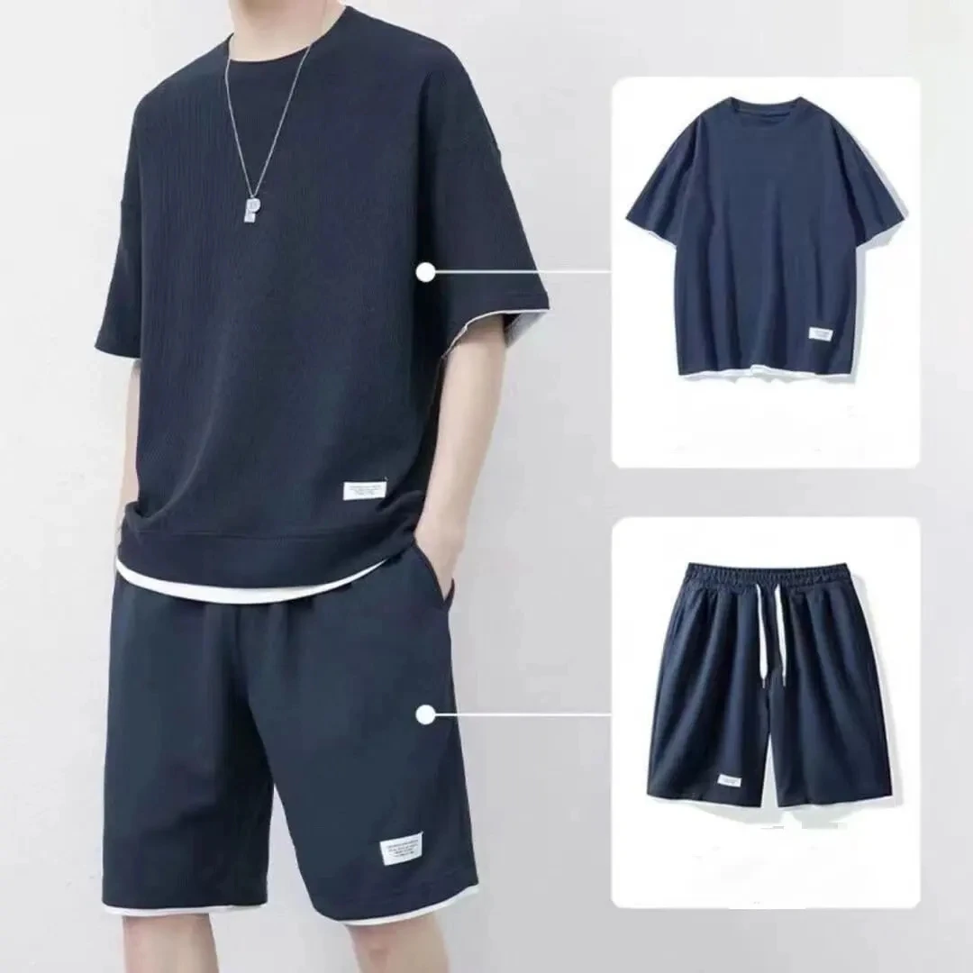 2024 Korean Men\'s Waffle Tracksuit Short Sleeve T-shirts And Sports Shorts Summer Casual Outfits Joggers Sets Men\'s Two Piece