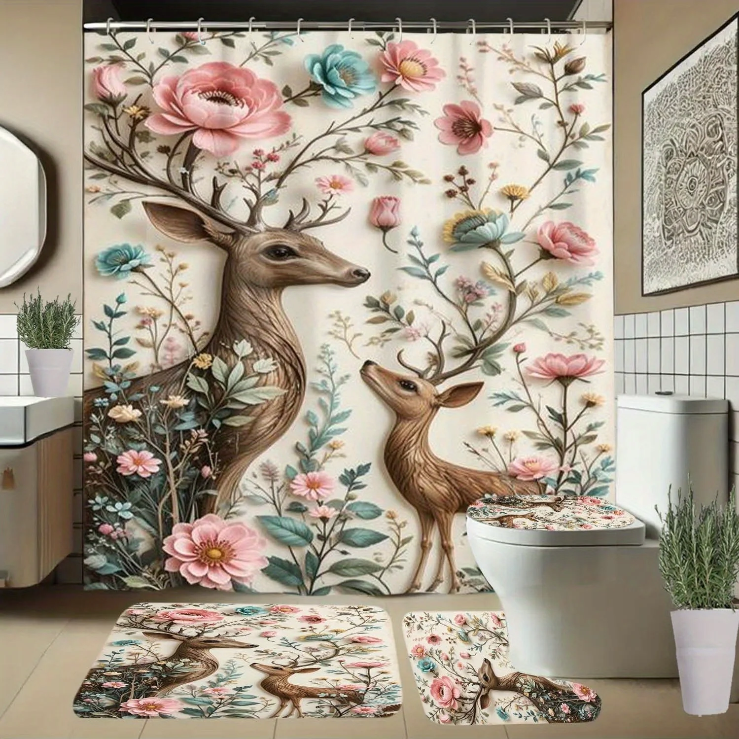 

4 шт., занавеска для душа с узором оленя, цветы, ветки и крючками, занавеска для перегородки ванной комнаты, аксессуары для ванной комнаты, дом