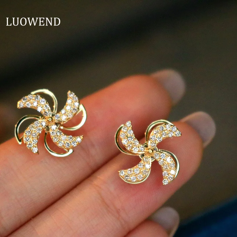 

LUOWEND 18K Yellow Gold Earrings Luck Windmill Design 0.42carat Real Natural Diamond Stud Earrings for Women Christmas Gift