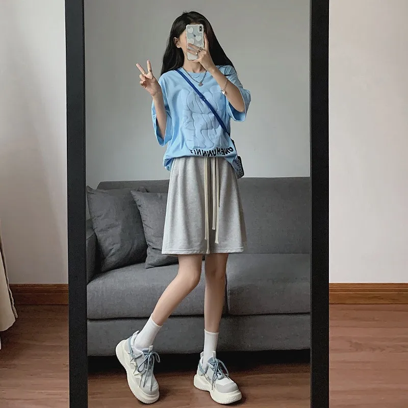 ピンク スポーツ レディース 夏 薄手 ハイウエスト ルーズ スリミング ファイブクォーター ストレートレッグ スウェット カジュアル パンツ H975