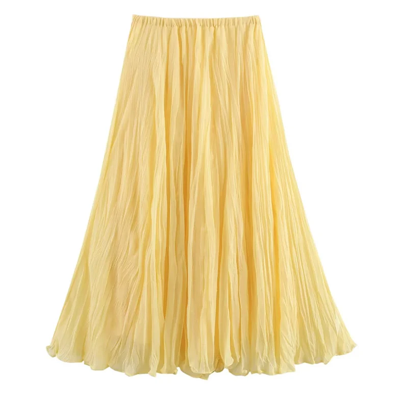 HXAO Pleated Skirts For Women Yellow Elegant Women's Skirts Summer Ruffled Chiffon Long Skirt Woman High Waist Tulle Midi Skirt