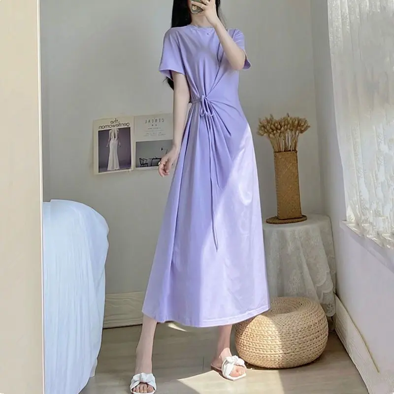 

Oversized 2023 Summer New Casual Lacing Solid Color Solid Color Short Sleeve Long Dress Ladies Simplicity Irregular A-line Skirt