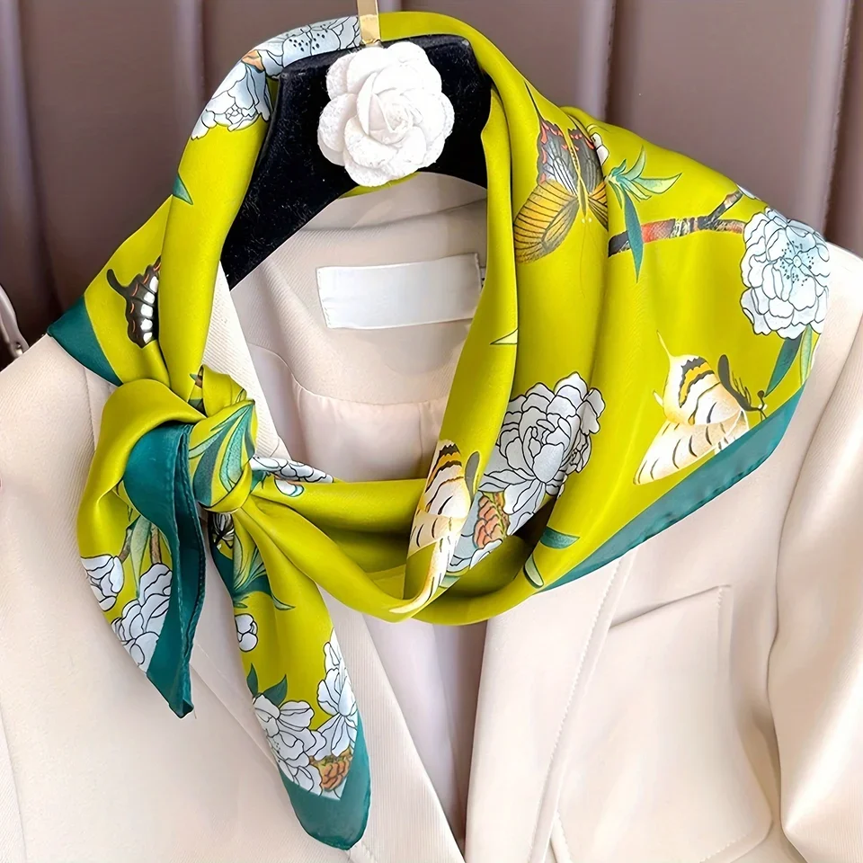 

Elegant Floral Print Silk Scarf Square Scarf Fashion Bandanna Versatile Shawl For Stylish Sunscreen Neck Wrap Scarves