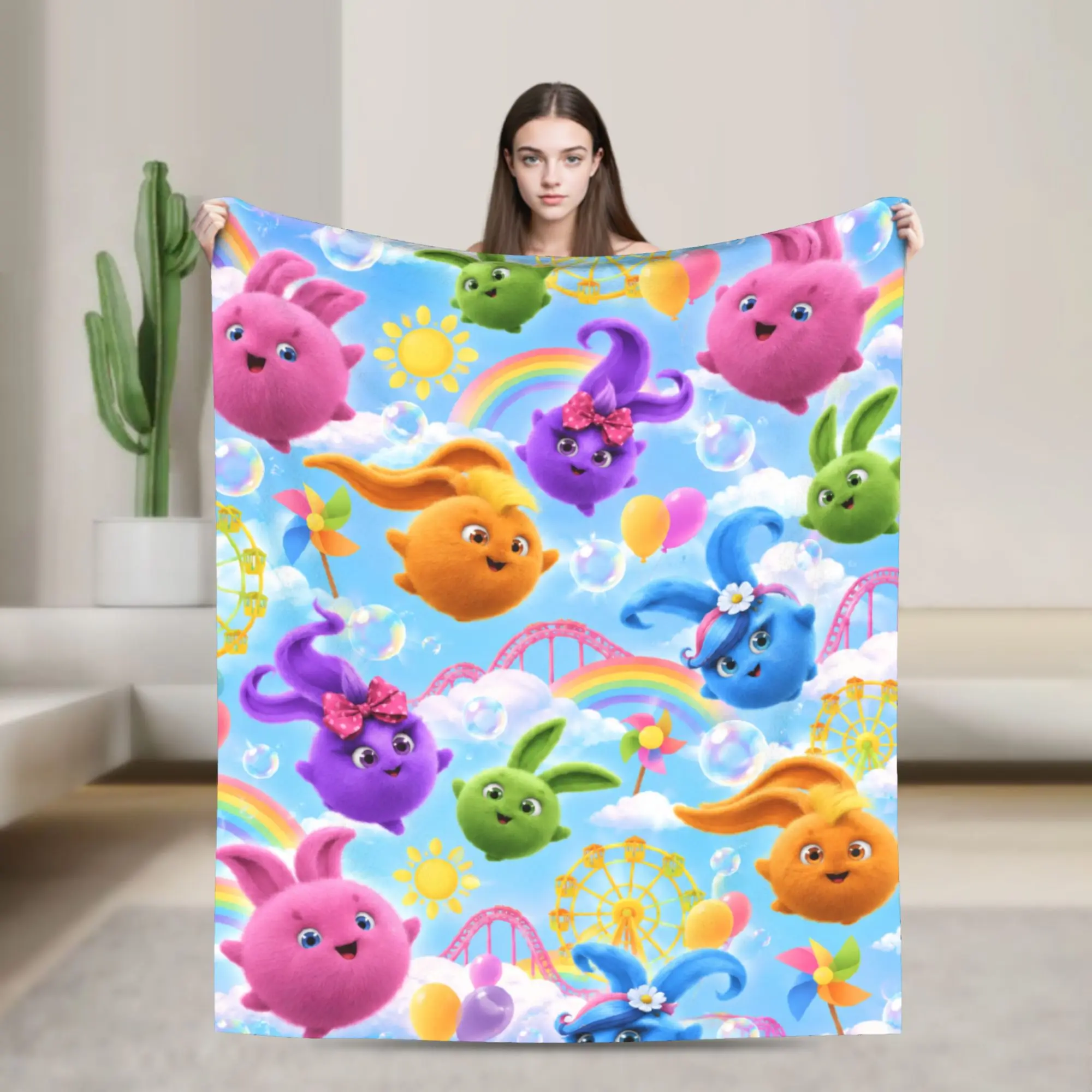 Sunny Bunnies Rainbow Balls Warm Soft Blanket  Girls Boys Plush Throw Blanket Fluffy Home Decor Flannel Bedspread Sofa Bed Cover