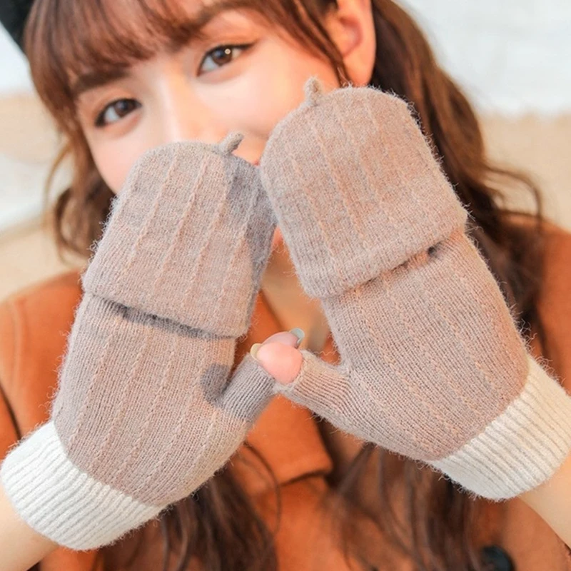 Soft Girls Windproof Gloves Warm Mittens Flip Half&Full Finger Color Matching Convertible Mitten for Women Men Supplies