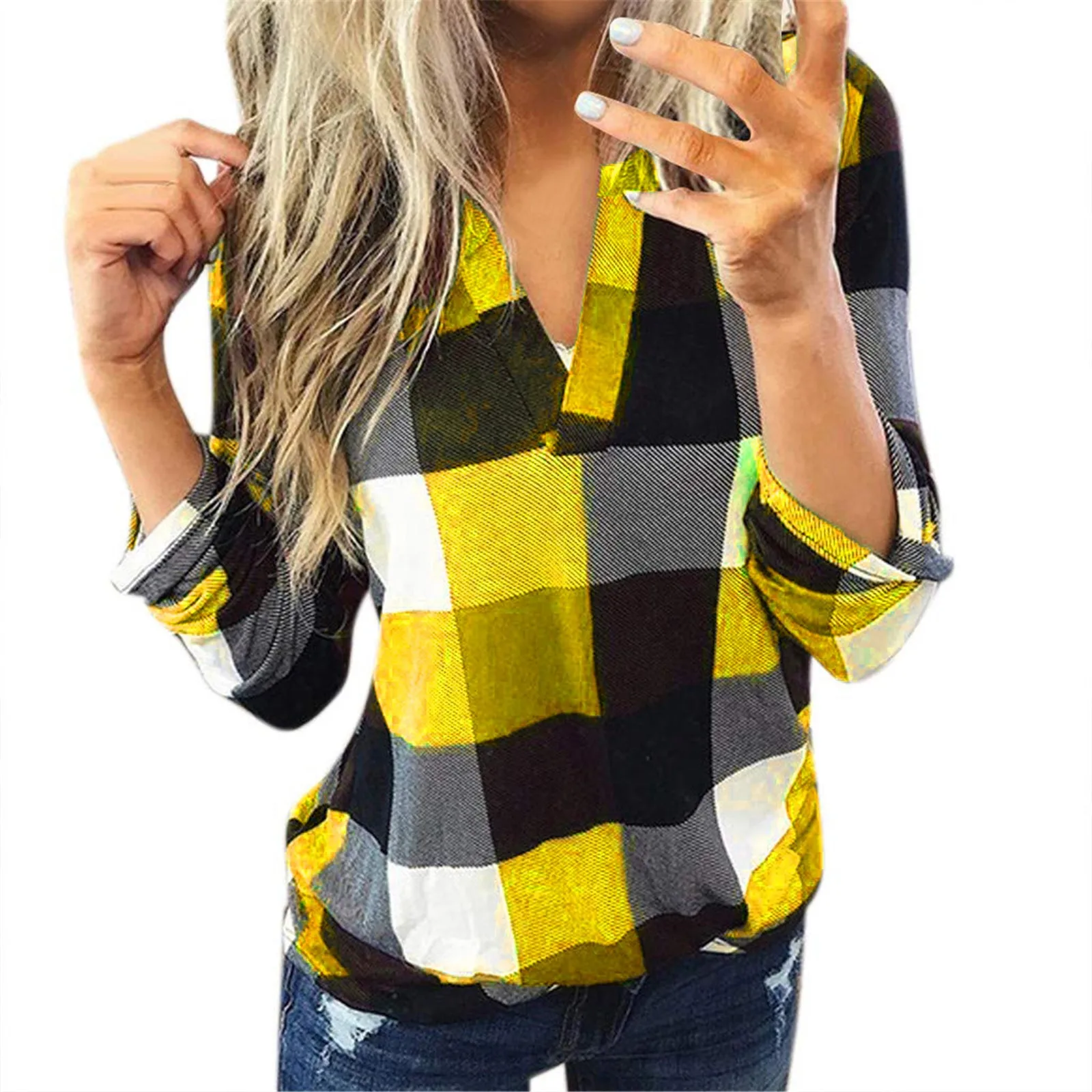 Women\'s Plaid Top Blouse Long Sleeve Cotton Checked Print V Neck Shirt Female Ladies Streetwear Comfty Tops Blusas Tunics 2022