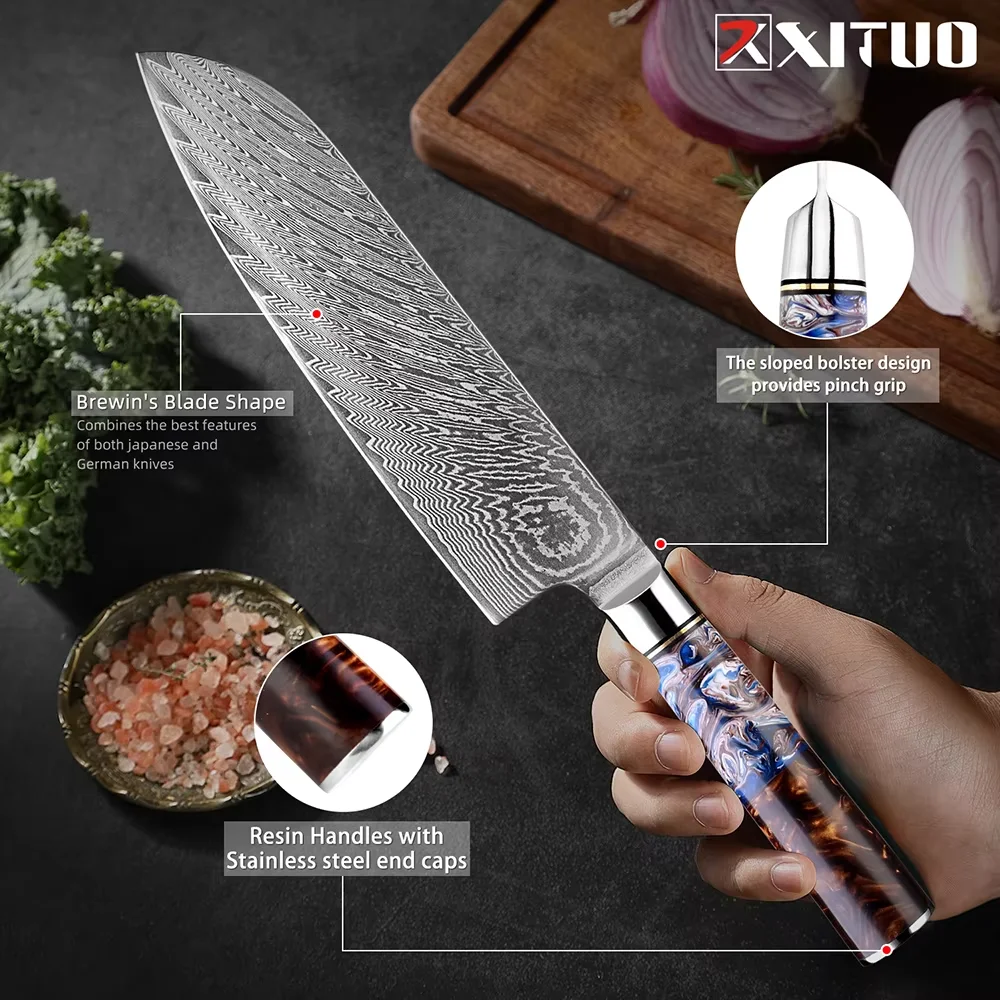 Japanese Damascus Steel Santoku Knife 7 Inch Sharp Kitchen Slicing Knife Ergonomic Resin Handle Chef Knife Sharp Cooking Knives