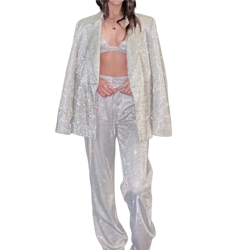 

FX-Women's Sequined 3-Piece Suit Long Sleeve Blazer Wide-Leg Pants With Bra Evening Party Club