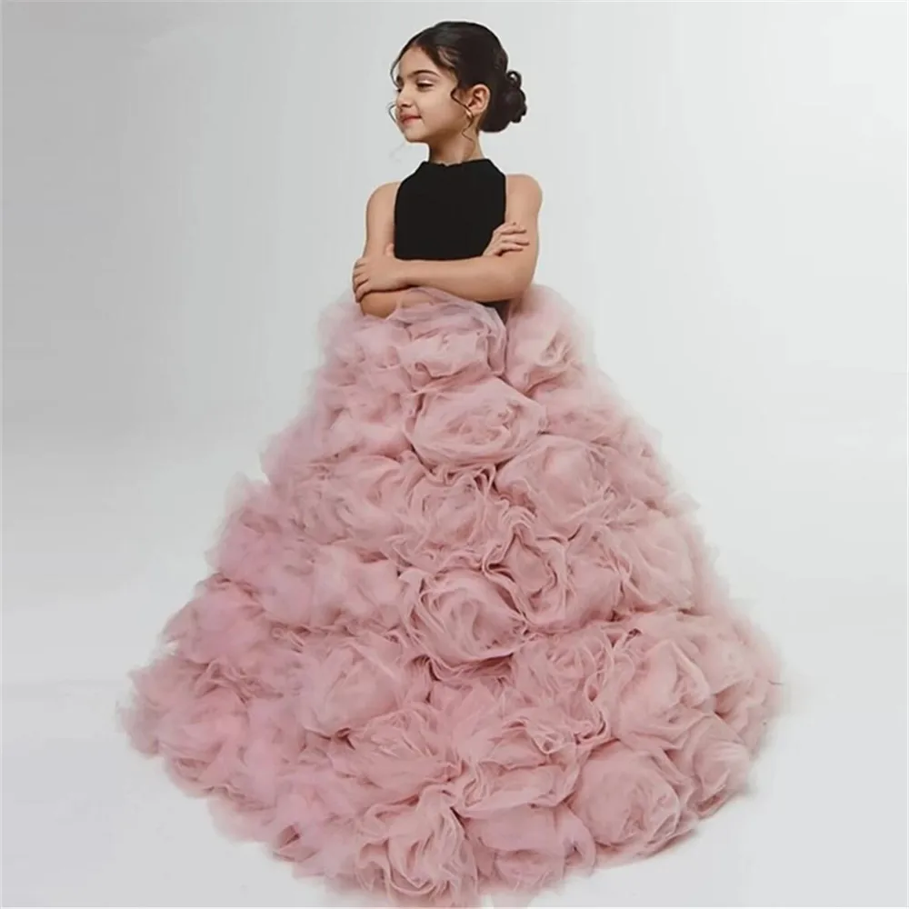 Różowa warstwowa sukienka dla dziewczynki na wesele, bez rękawów, tiulowa, bufiasta, z kokardą, dla niemowląt, dzieci, na przyjęcie urodzinowe, bal, sukienki na Pierwszą Komunię Świętą