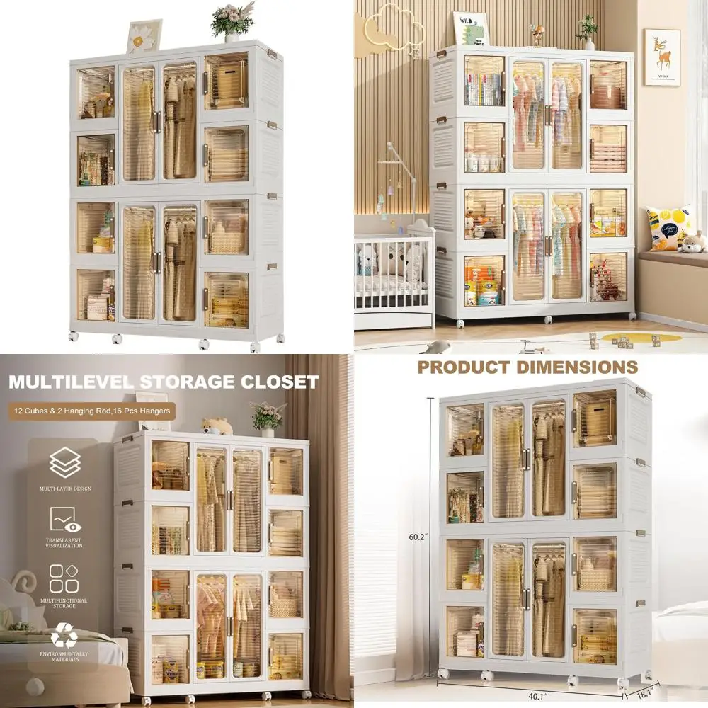 Large Plastic Collapsible Wardrobe with Wheels, 8-Shelf Storage Cabinet, 2 Rods, 16 Hangers