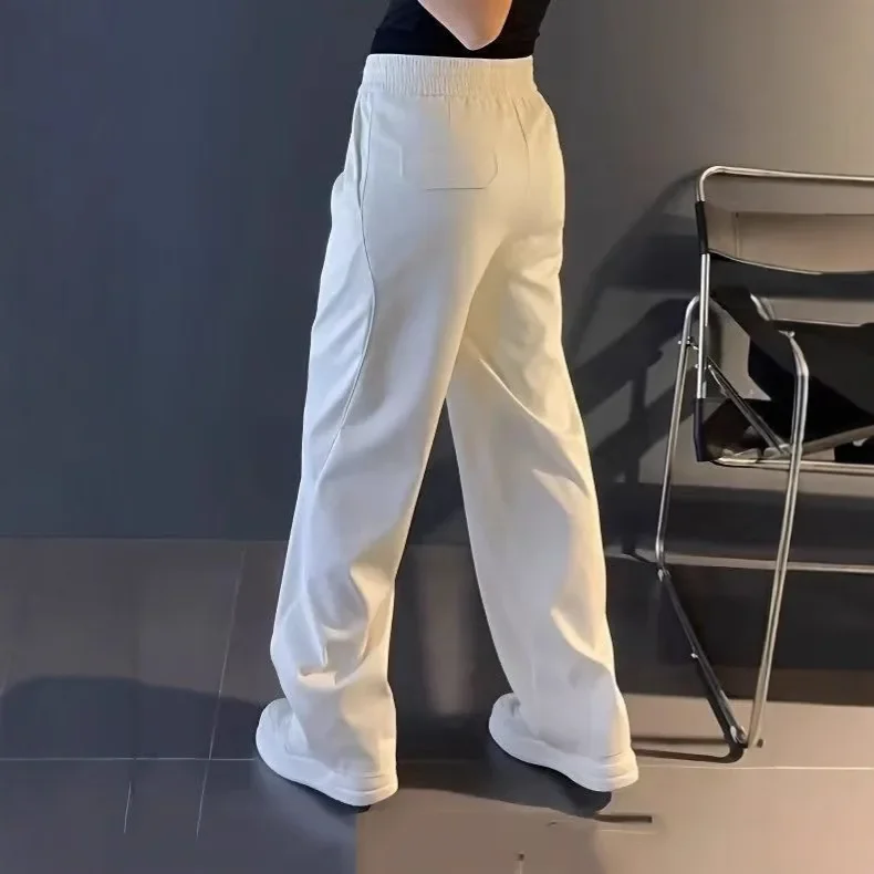 2025 Summer New Fashion American Men's Solid Color Drawstring Casual Trendy Loose Wide Leg Straight Trousers Male Pants Clothes