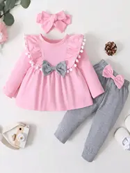 0-2 Year Old Newborn Baby Girl Spring and Autumn Round Neck Long sleeved Dress with Solid Color Pants Fashion Set