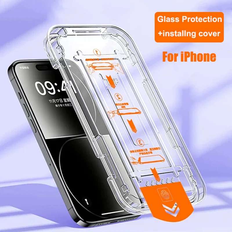 Dust Free Screen Protector for IPhone 13 11 12 14 15 Pro Max X XS XR 14 15 Plus Tempered Glass With Alignment Mounting Cover